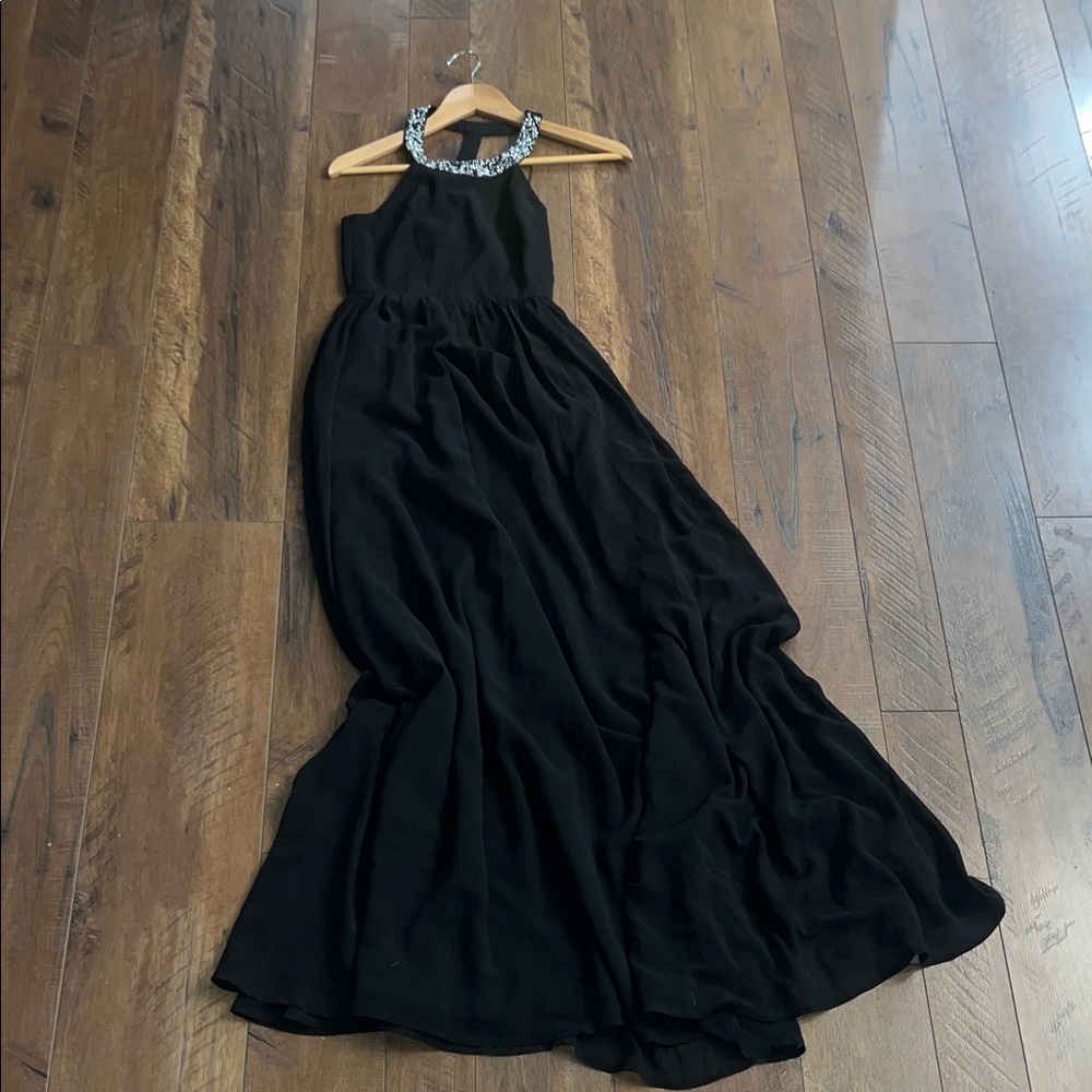 Lulus Black Gown with Embellished Neckline - Bridesmaid or Wedding Guest Dress